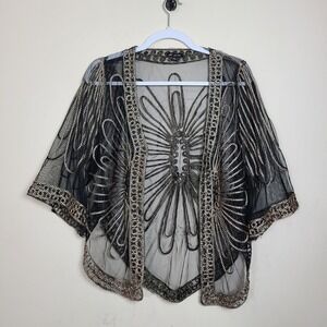 Black Gold Embroidered Sheer‎ Womens S/M Shrug Art Deco Mesh Gatsby 1920s Boho